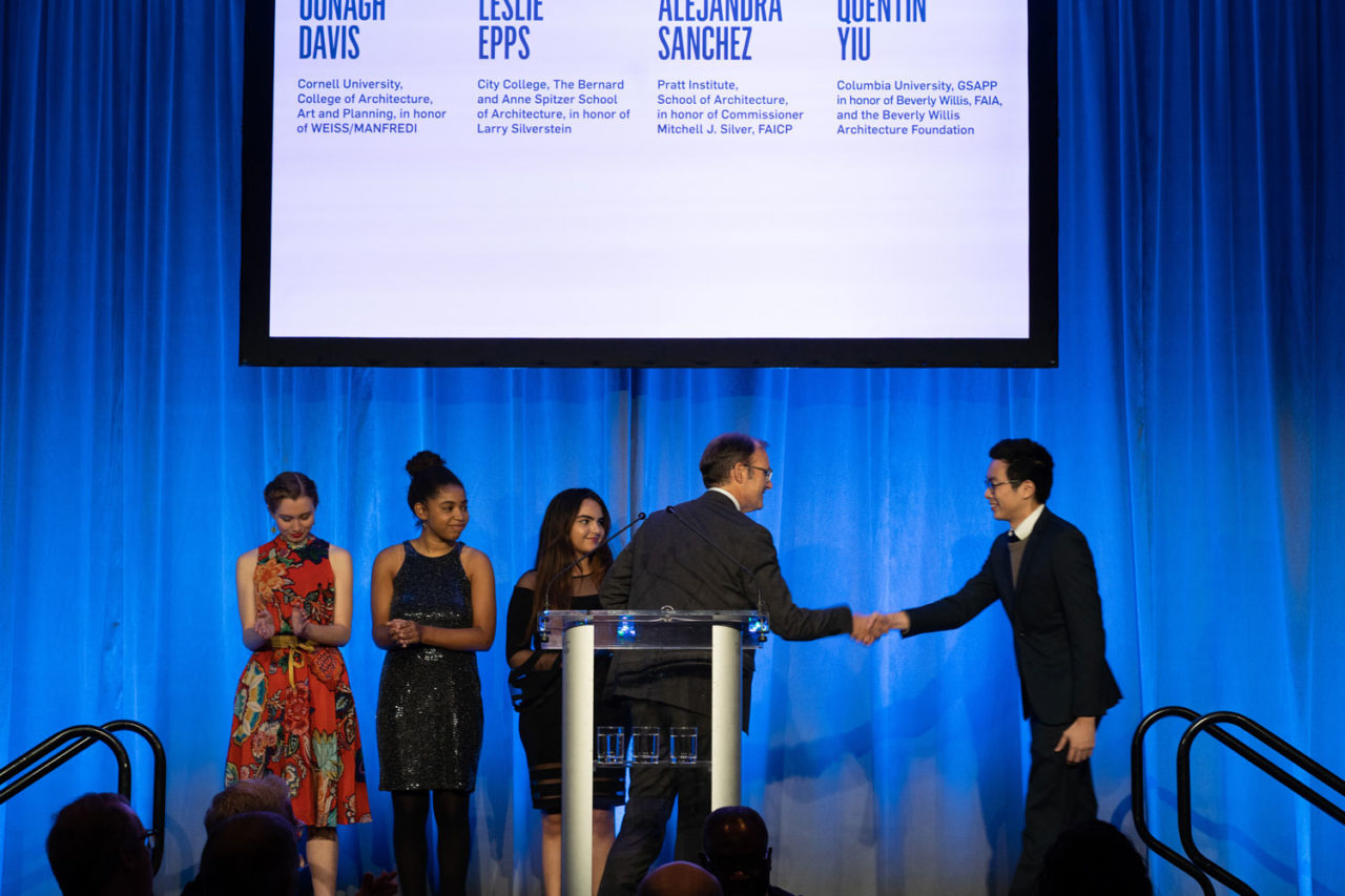 Barry Bergdoll, Hon. AIANY, Presidnet, Center for Architecture, with the 2018 Heritage Ball scholarship recipients. Photo: Sam Lahoz.
