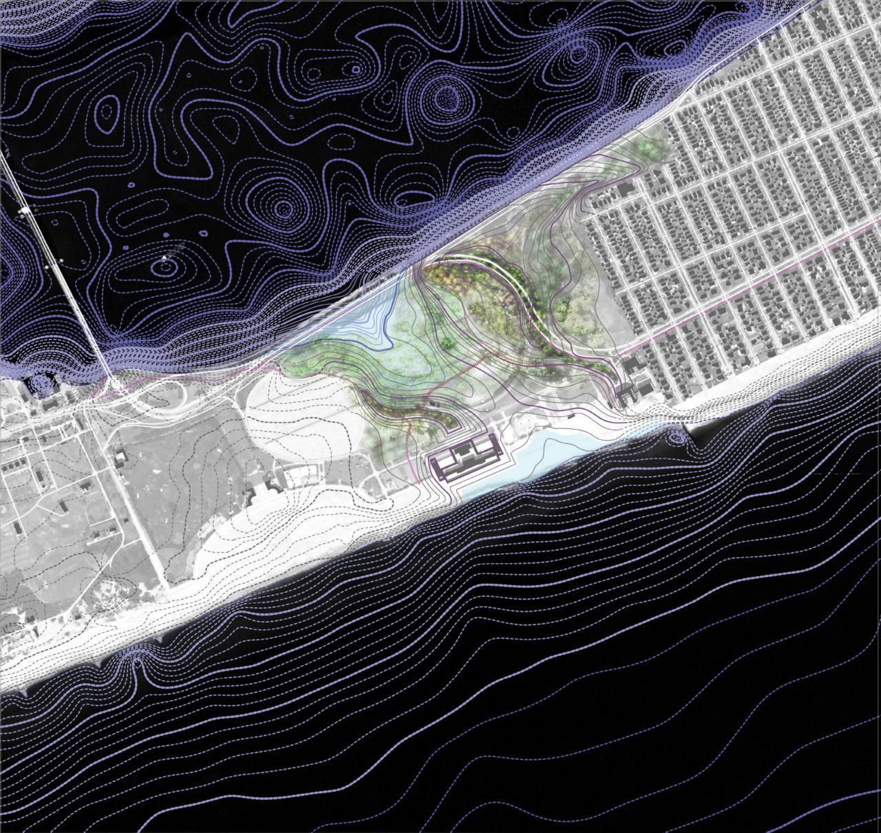 Rendering of the proposed Jacob Riis Overwash Plain in Jamaica Bay. The Overwash Plain is a strategy to improve water quality and hydrologic flow and circulation throughout the bay.