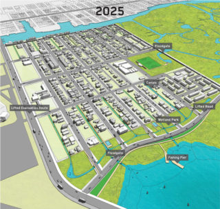 The Chelsea Heights neighborhood of Atlantic City in 2025. Elevated roads are strategically designed to allow water to penetrate them at specific points and encourage the migration of wetlands.