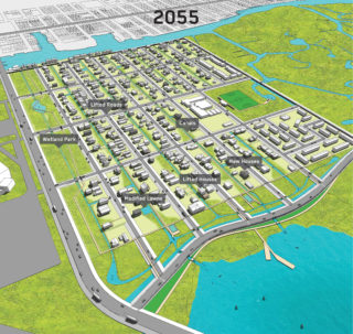 The Chelsea Heights neighborhood of Atlantic City in 2055. This controlled permeability, in concert with a reduction of hardscape and lifting of individual homes, would allow for its slow transformation into wetland condition which continues to support, and perhaps enhance, suburban inhabitation.