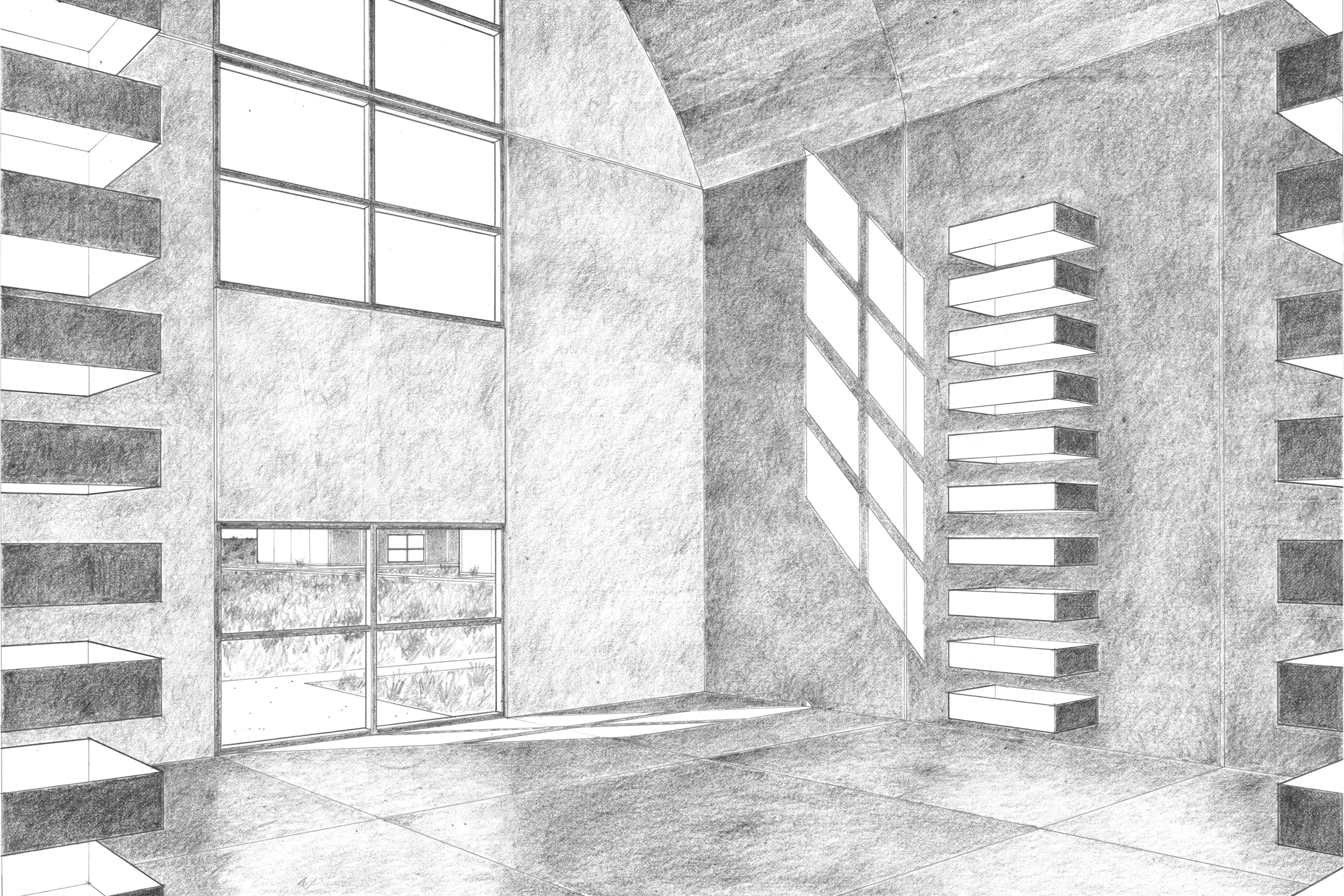 Interior view of 9 meter concrete building. Drawing by Claude Armstrong.