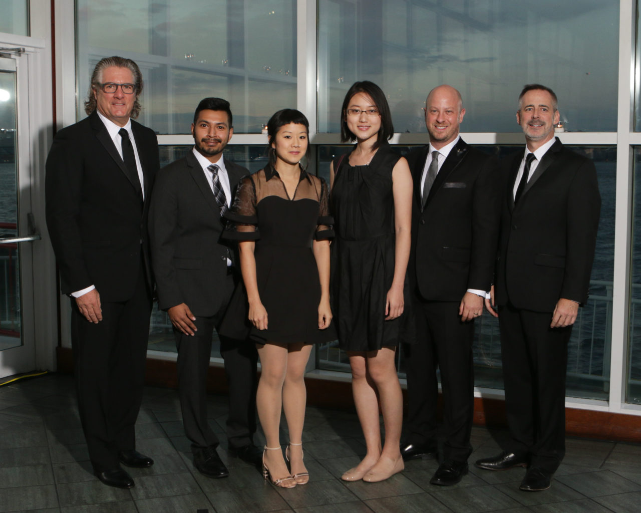 David Piscuskas, FAIA, Benjamin Prosky, Assoc. AIA, and Tom Krizmanic, AIA, with student honorees Estefano Torres, Tonia Chi, and Zhenni Zhu. Credit: Sam Lahoz.