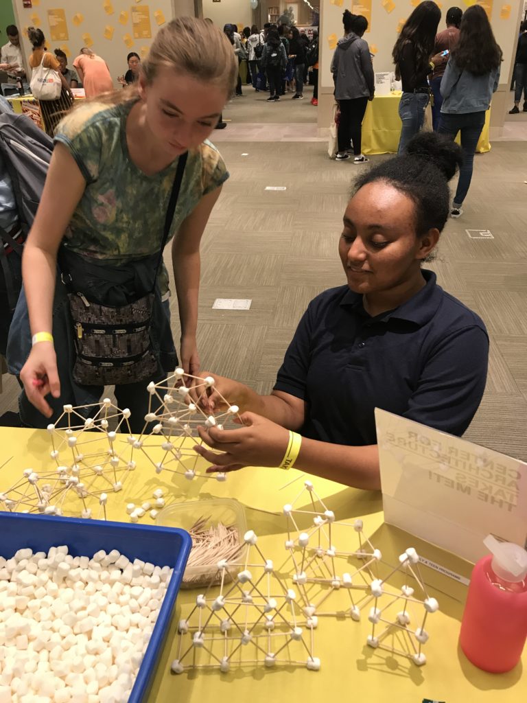Teens work on constructing their models from toothpicks and marshmallows. Credit: Center for Architecture.