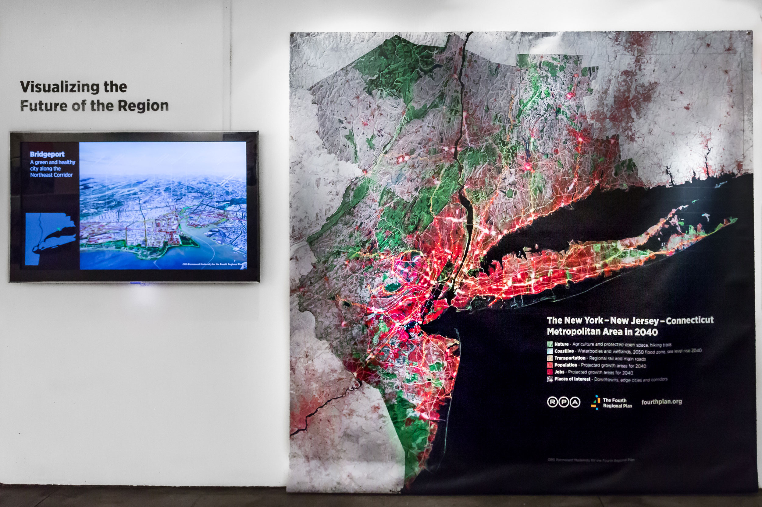 "The Future of the New York Metropolitan Area: The Fourth Regional Plan," installation view, 2018. Photo: Erik Bardin.