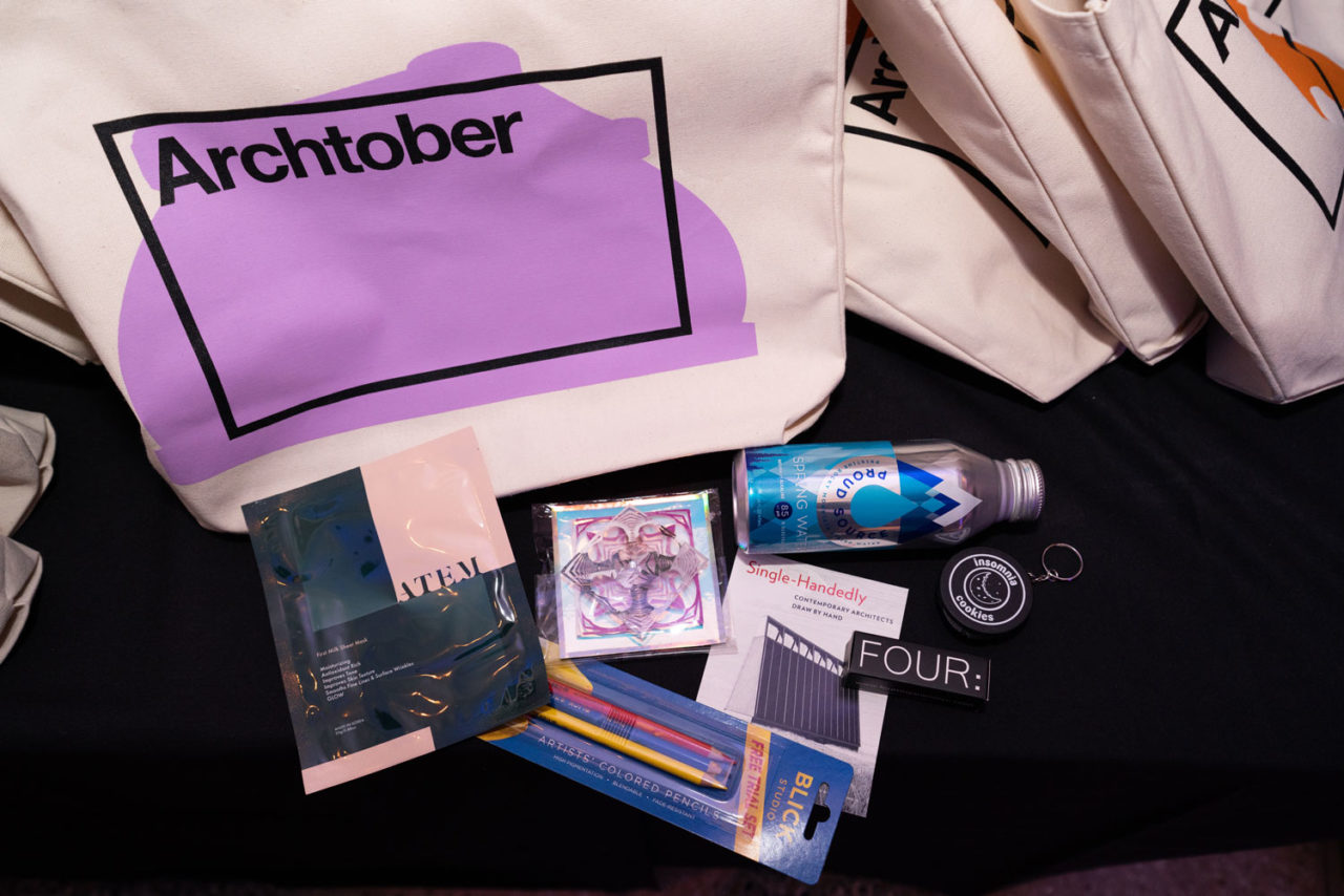 HB 19 After Party gift bags, designed by Small Stuff, including donated items from Atem, Blick Art Materials, artist Chelsea Hrynick Browne, FOUR: Organics, Insomnia Cookies, and Proud Source Water. Photo: Samuel Lahoz.