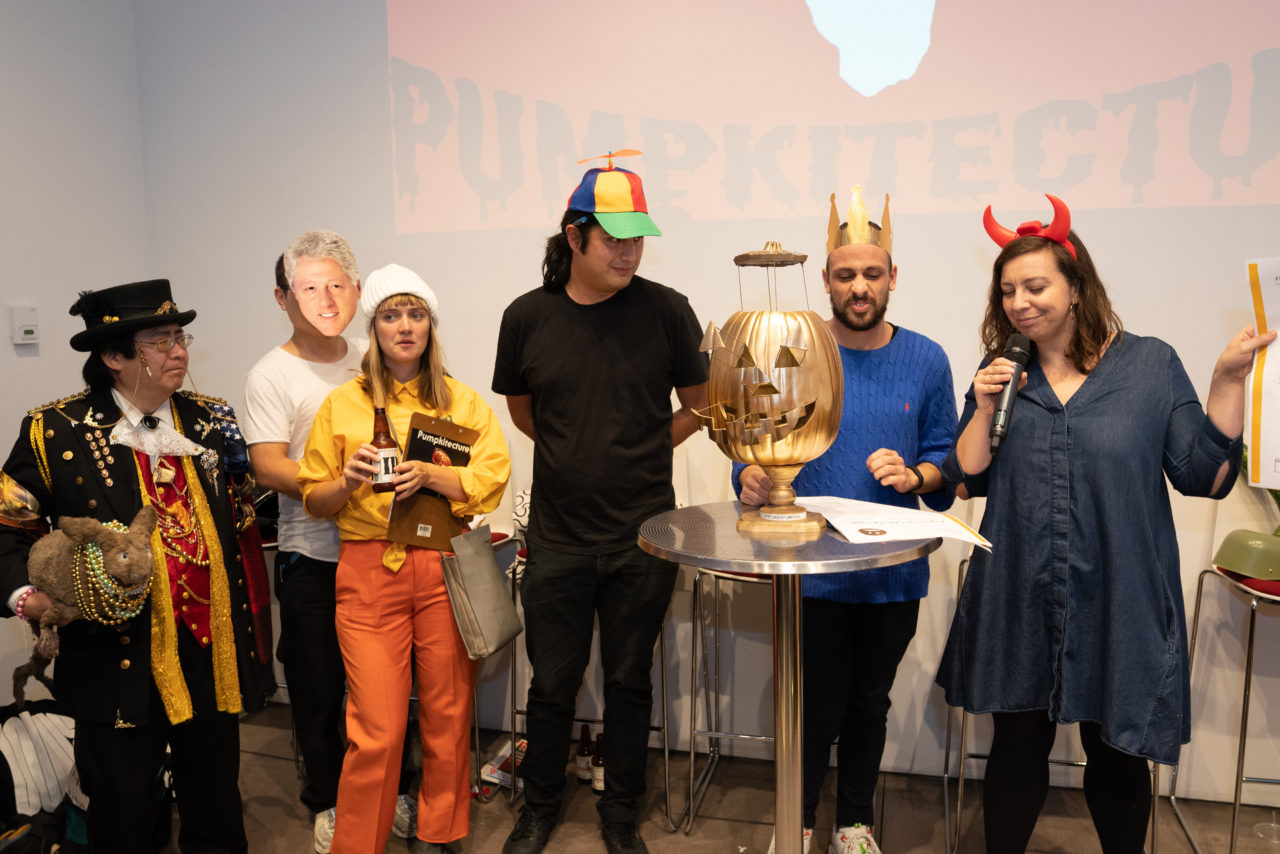 2019 Pumpkitecture Jury, (l-r) Dr. Takeshi Yamada & Seara, Chen Chen, Ellen Van Dusen, Kai Williams, Mark Zlotsky, and Ashley Mendelsohn. Image credit: Sam Lahoz.