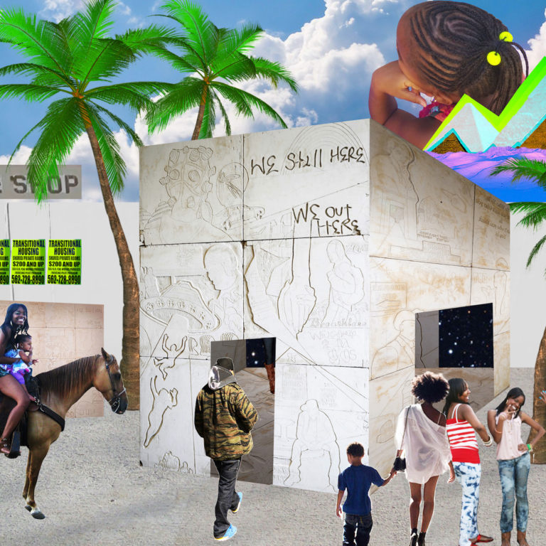 Lauren Halsey; Crenshaw District Hieroglyph Project; Los Angeles, CA, For her upcoming Crenshaw District Hieroglyph Project Lauren Halsey continues the theme of carving culturally charged images onto 12”x12” wall tiles used in previous installations. The new project is planned as a permanent structure embedded within the Crenshaw community with carved panels, or hieroglyphs, hand engraved by the local public. Halsey imagines these as “a medium to express narratives, honor community leaders, celebrate events, [and] leave memorials.” A full-scale prototype of this structure is currently on display at the Hammer Museum in Los Angeles. The final project will be completed in 2019. Collage, 2017