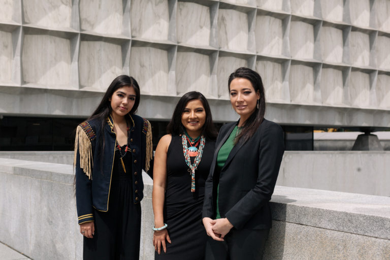 From left to right: Anjelica Gallegos (Santa Ana Pueblo/Jicarilla Apache), MArch I ’21; Charelle Brown (Kewa Pueblo), BA in Architecture Studies ’20; Summer Sutton (Lumbee), Architecture PhD ’21 Photo Courtesy of ByDesign