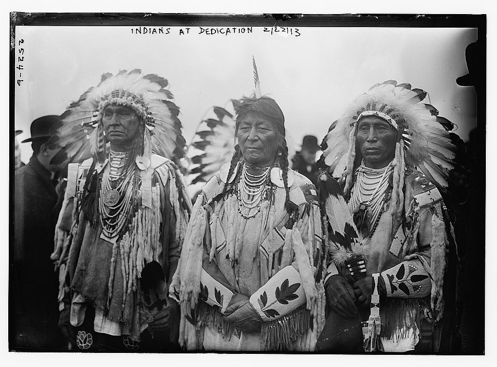 Crow chiefs at the groundbreaking ceremony for the National American Indian Memorial (which was never built), Fort Wadsworth, Staten Island, New York. Left to right: White Man Runs Him (ca. 1855-1925), Plenty Coups (1848-1932), and Medicine Crow. Photo: George Grantham Bain Collection, Prints & Photographs Division, Library of Congress, LC-B2- 2524-6