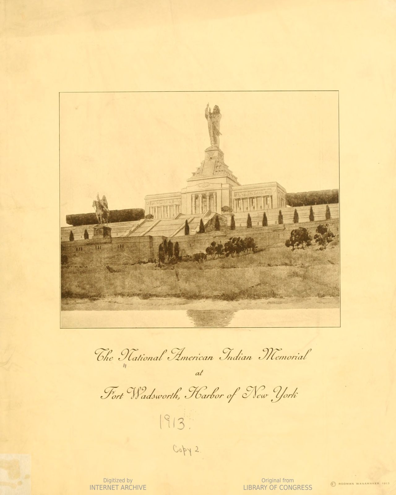Conceptualization drawing by Thomas Hastings of the National American Indian Memorial at Fort Wadsworth. Ceremonies Attending the Official Inauguration of the National American Indian Memorial at Fort Wadsworth, February 22, 1913. Photo: Courtesy of the Library of Congress.