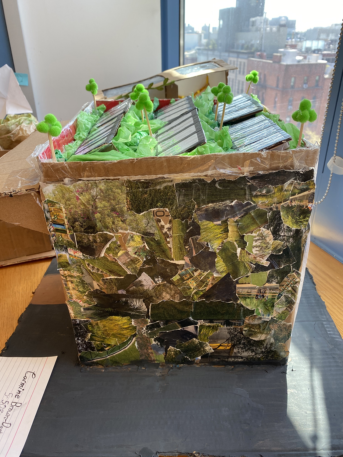 Green walls, a green roof, and solar panels distinguish this building design created by a 5th grader at PS 343 as part of our Green Architecture Student Day program. Image: Center for Architecture.