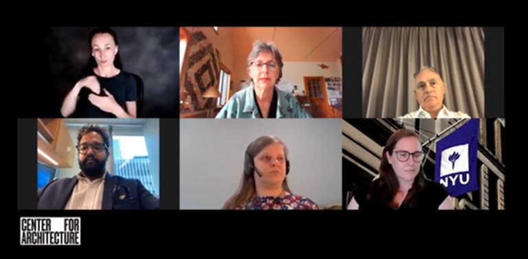 This is the featured image of the event Design for All: Accessibility, Technology, and Agency. This is an image of three panelists; Quemuel Arroyo, Chancey Fleet, and Hansel Bauman. Along with two moderators; Barbara Weinreich and Amy Hurst and a sign language Interpreter.