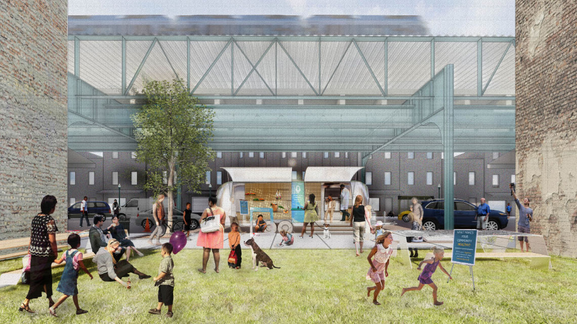 A rendering of a public space being served by the mobile health trailer.