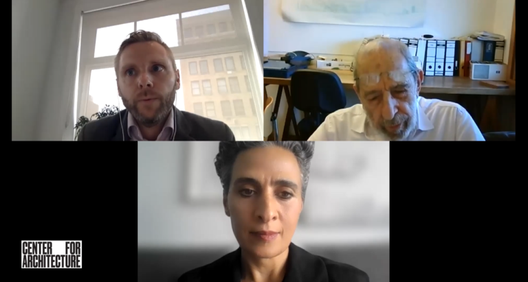 This an image of the 15th Annual Arthur Rosenblatt Memorial Lecture: Álvaro Siza event with Presenter Alvaro Siza, Moderator Hana Kassem, and Peter Miller