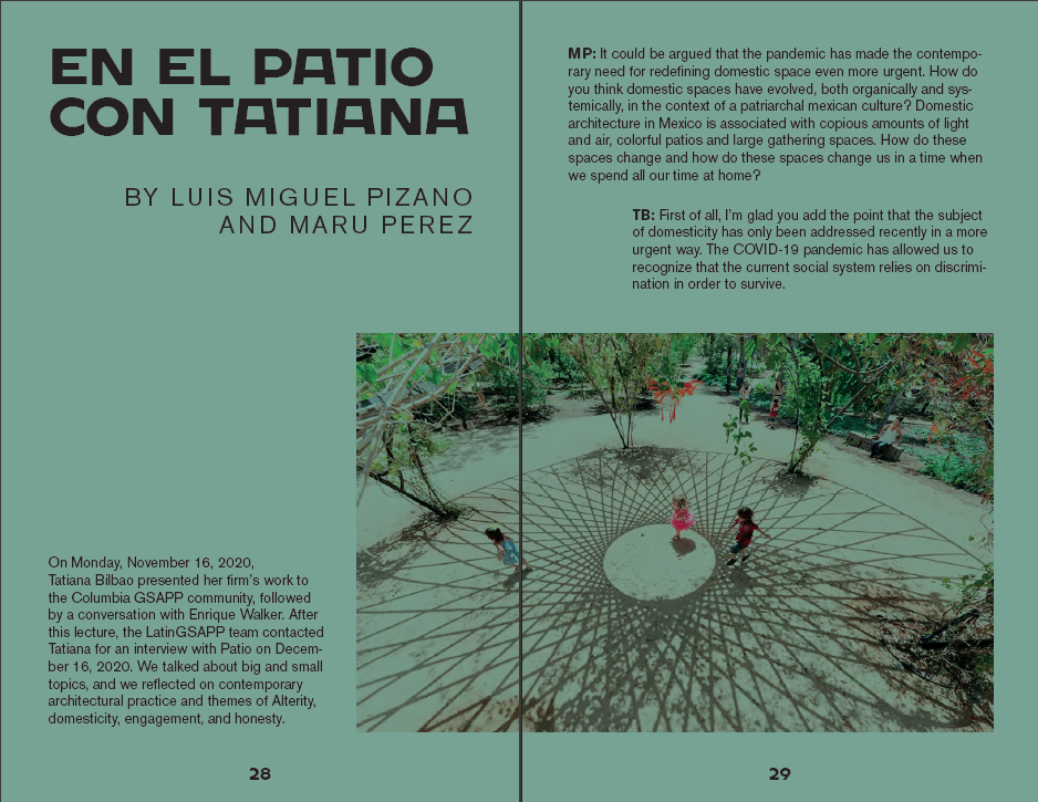 Image of a spread from PATIO, featuring an interview with Tatiana Bilbao.