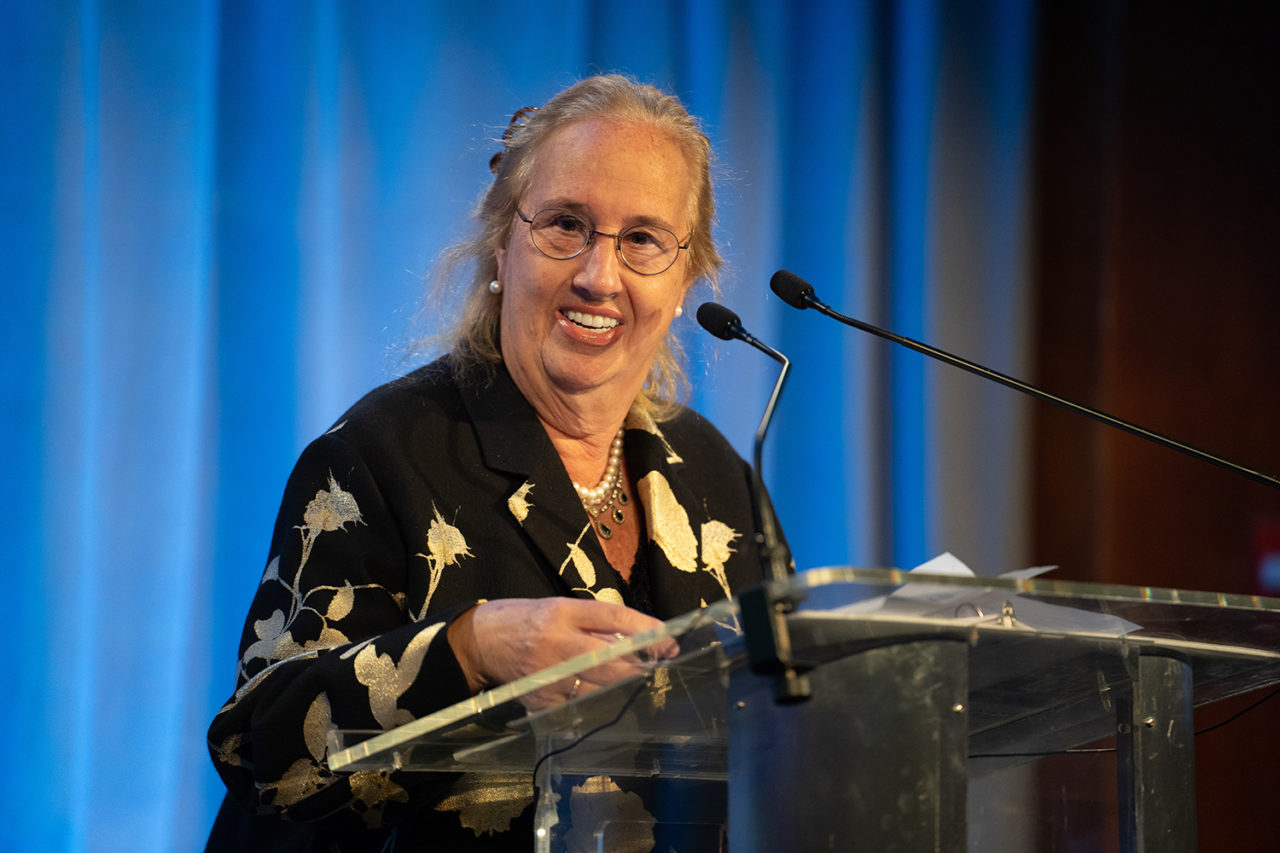 Gale Brewer, Manhattan Borough President, at the podium. Photo: Sam Lahoz.