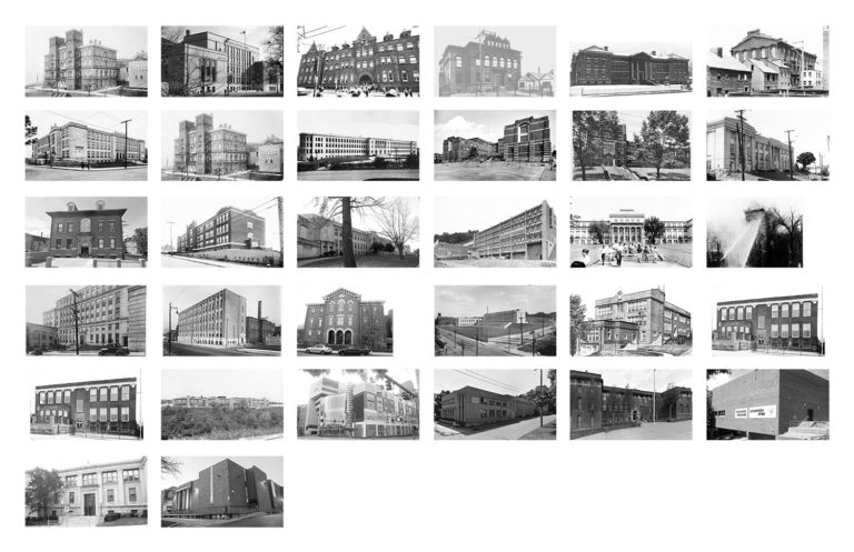 Composite image depicting 21 historic images of public high schools in Pittsburgh in a tile format.
