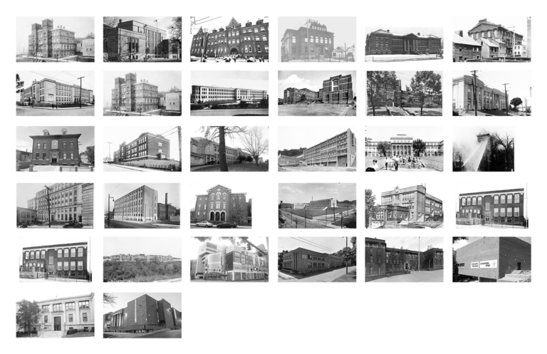 Composite image depicting 21 historic images of public high schools in Pittsburgh in a tile format.