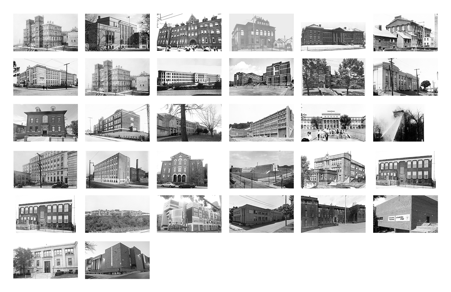 Composite image depicting 21 historic images of public high schools in Pittsburgh in a tile format.