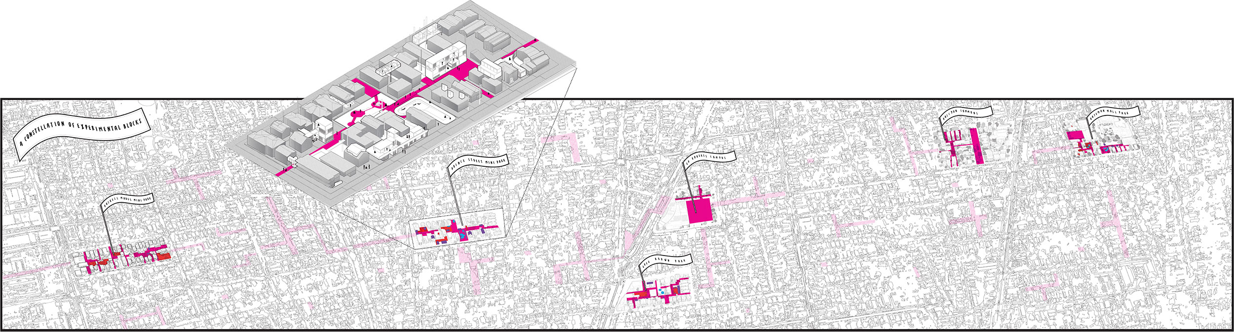 Illustration of an aerial neighborhood map, with a title caption reading “A Constellation of Experimental Blocks” and a central portion enlarged by an axonometric plan hovering above the map. Six flags identify different zones within the map, each titled with the texts, reading from left to right, “Haskell Mabel Mini Park,” “Prince Street Mini Park,” “Ed Roberts Campus,” “Greg Brown Park,” “Halycon Commons,” and “Bateman Mall Park.” 