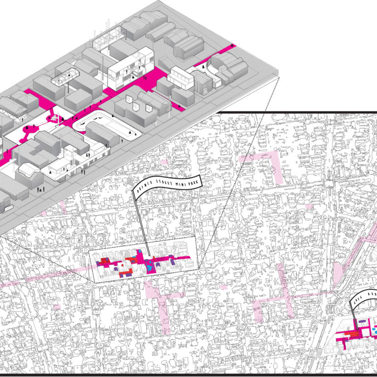 Zoomed in slightly left of the map’s center, an axonometric plan hovers above the “Prince Street Mini Park” section of the map, enlarging that section.