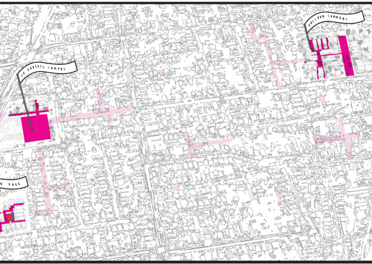 Zoomed in on the square section slightly right of the map’s center, two flags identify different sections of the map with the text “Ed Roberts Campus” on the left and “Halycon Commons” on the right.
