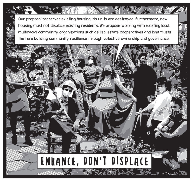 A grayscale photograph abstracted with a pixelated effect shows a group of 9 people, some seated and some standing, all outdoors, wearing face coverings. A title caption and text bubble contain text.