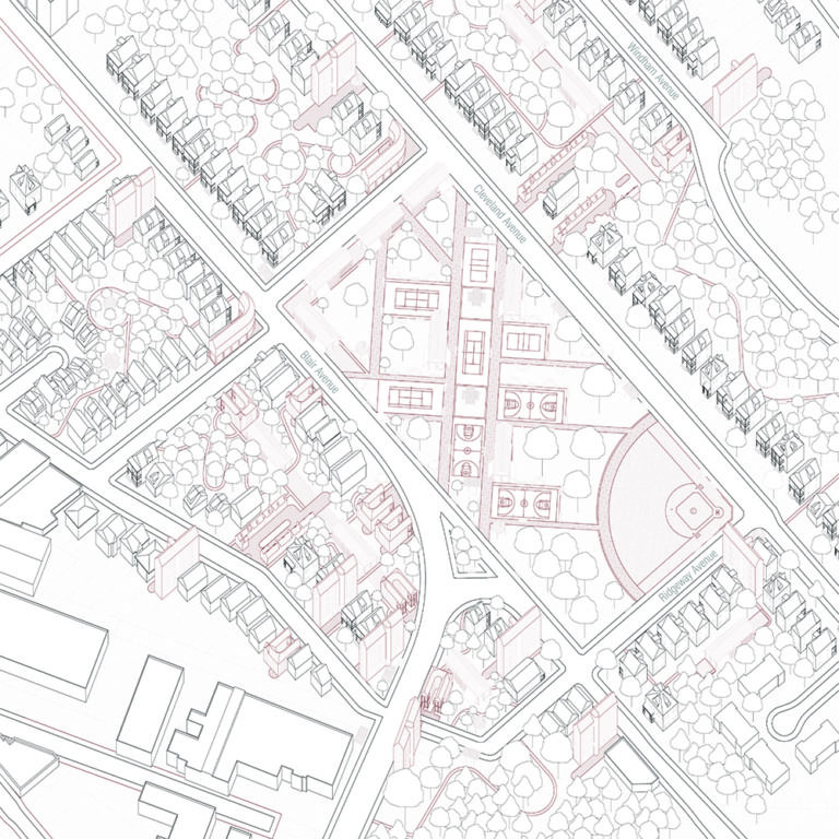 A slightly 3-dimensional aerial map illustration of a park and its surrounding residential areas with trees filling empty spaces and curvilinear paths running through the wooded areas.