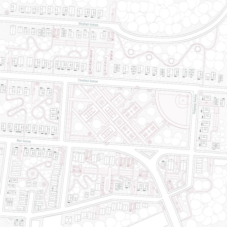 A two-dimensional map seen from an aerial view of a residential area with homes, parks, empty space, streets, and winding paths throughout the neighborhood.