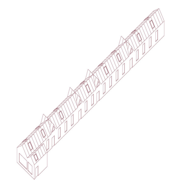 Linear illustration of a very long and skinny residential structure lined with rectangular windows and topped with a gable roof.