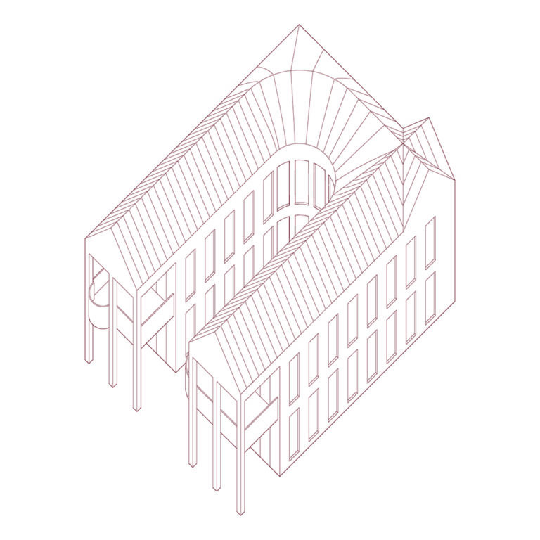 Three-dimensional linear illustration of a curved building with many windows.