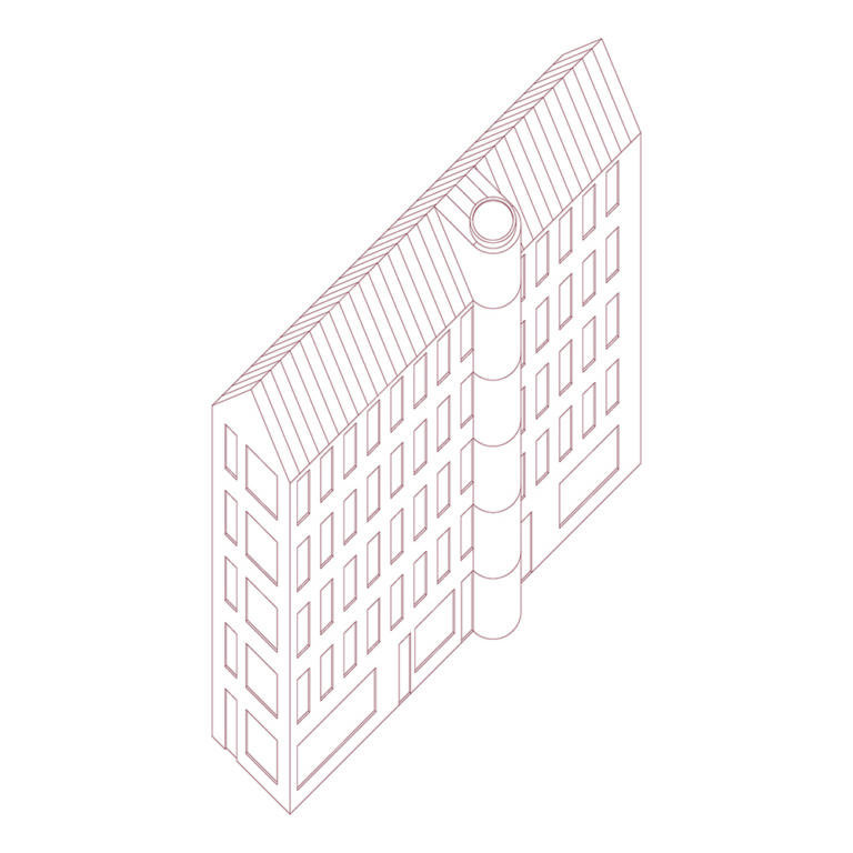 Three-dimensional linear illustration of a tall, narrow, five-story building with many windows for each floor and a cylindrical abutment on the center right side.