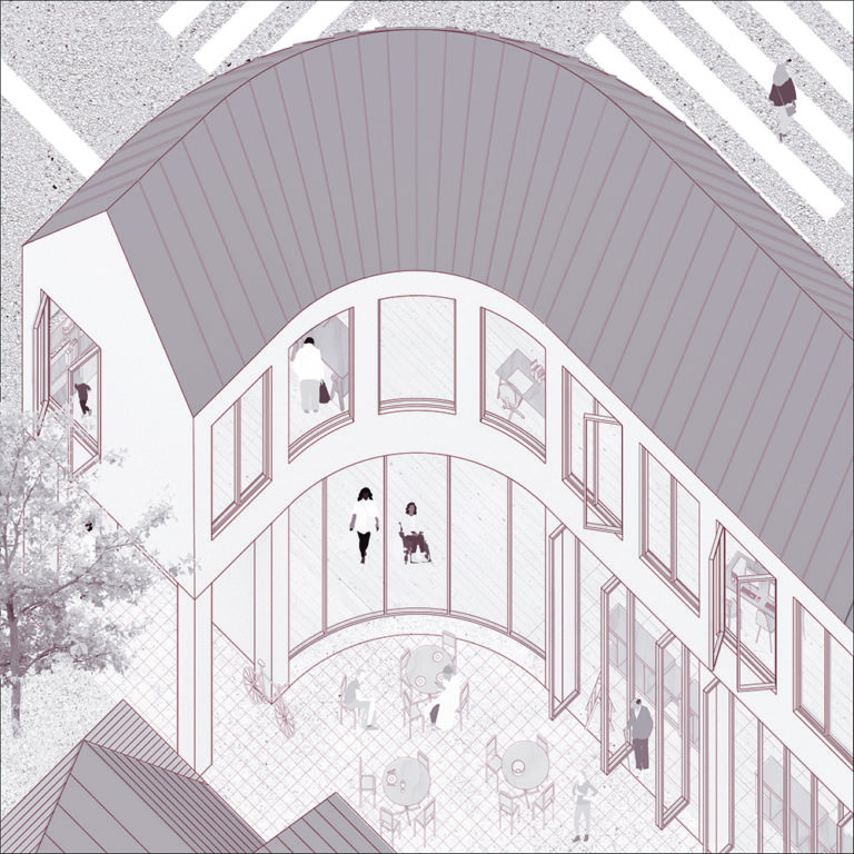 Three-dimensional rendering of a two-story structure that bends around a street corner and opens to a courtyard on the back side.