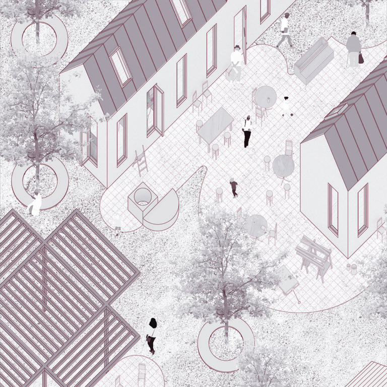A 3-dimensional illustration of a space with buildings, trees, a pergola, and an open patio space between the buildings filled loosely with tables with seating.