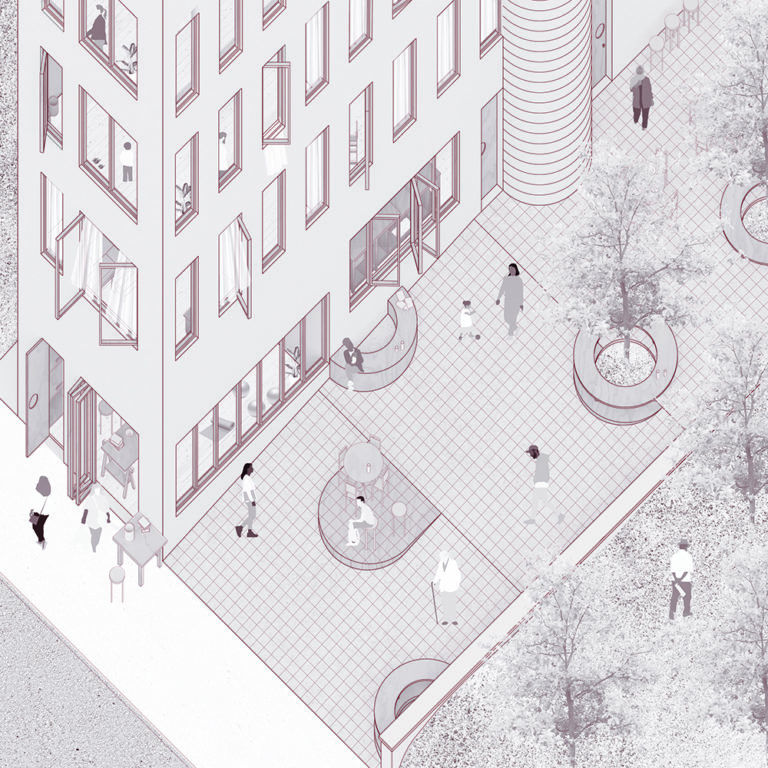 An aerial illustration of a tall heavily windowed building adjacent to a courtyard with seating, which has a park on its opposite side.