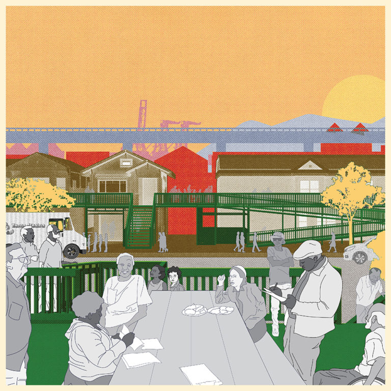 Digital illustration of a group of figures, rendered in greyscale, sitting around a picnic table on a shared, ramp-accessible porch, rendered in green