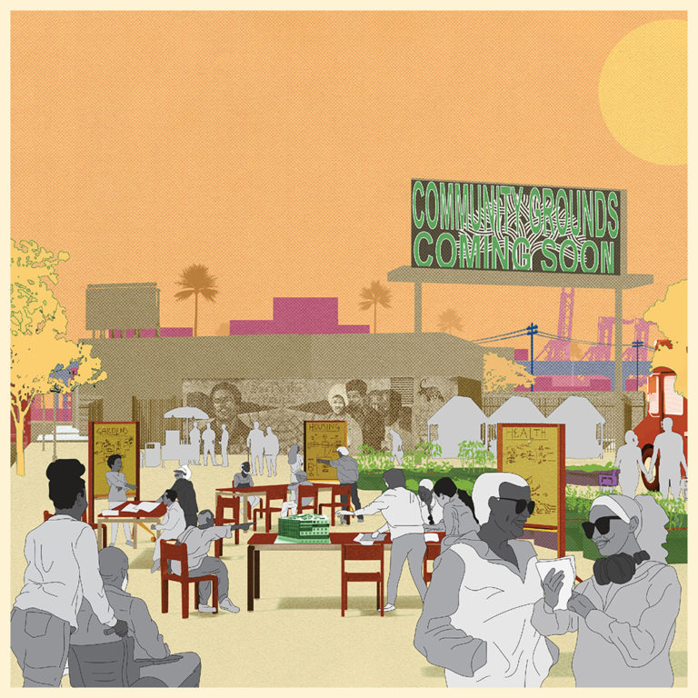 Digital illustration of individuals, rendered in greyscale, participating in an outdoor community workshop with a billboard in the background with the words "Community Grounds Coming Soon"