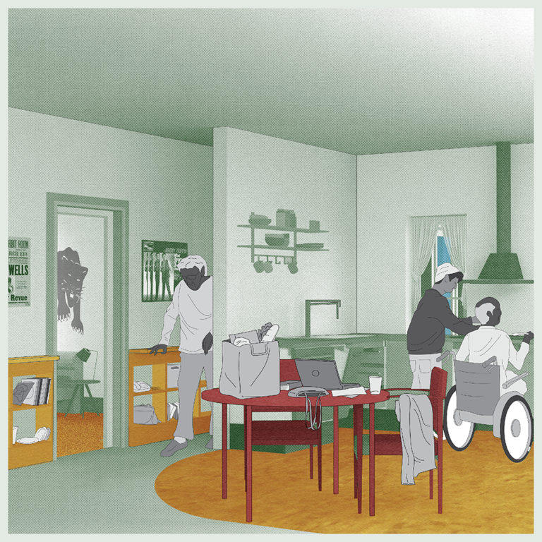 Digital illustration in green, yellow, red, and grey of a domestic scene inside a kitchen with a cluttered red table, two people cooking at a stove, and another person entering the kitchen from a hallway