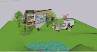 Student digital model of two small buildings and landscape