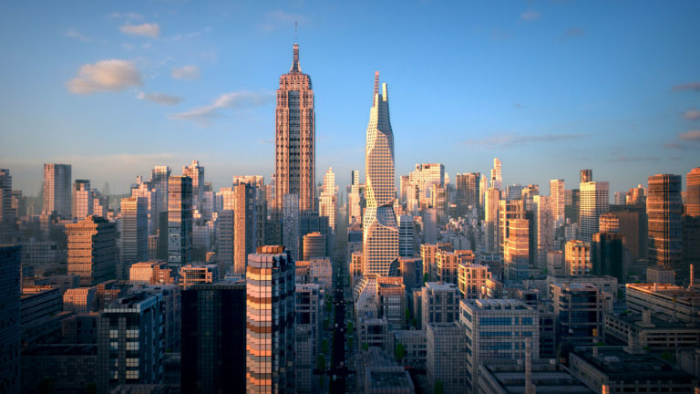 Rendering of a city skyline with two skyscrapers towering above smaller buildings.