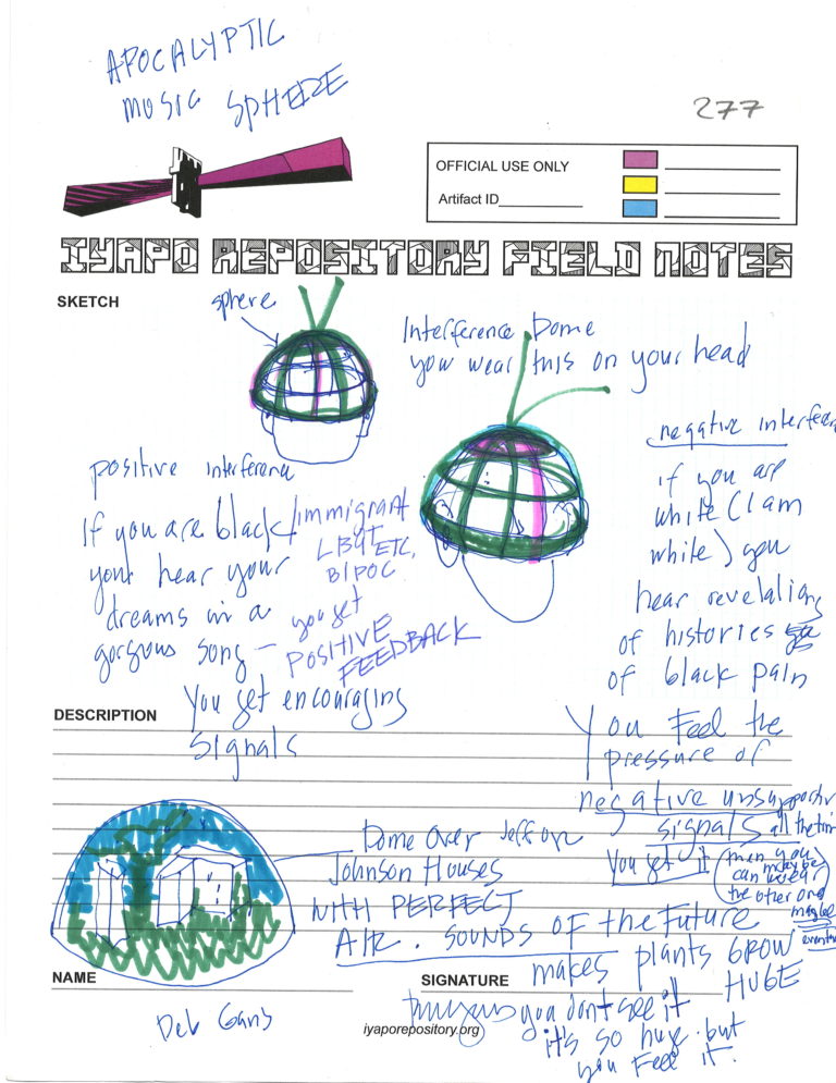 Typed worksheet titled “IYAPO REPOSITORY FIELD NOTES” featuring hand drawings of a helmet with antennae and a sphere over housing buildings, along with accompanying explanatory texts