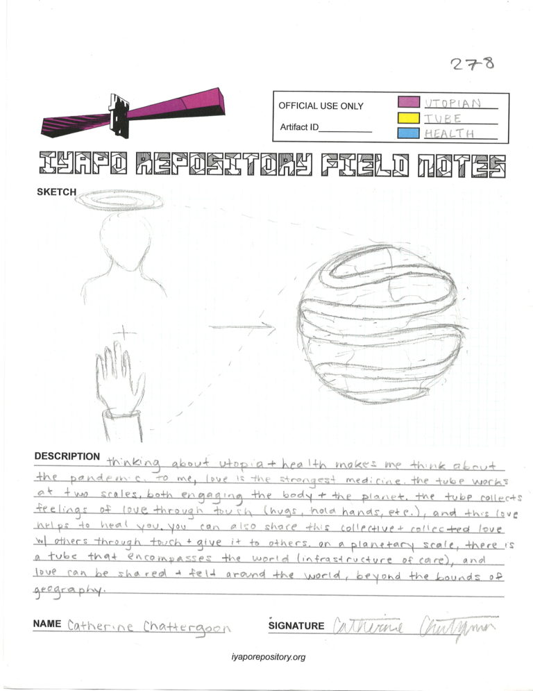 Typed worksheet titled “IYAPO REPOSITORY FIELD NOTES” featuring pencil drawings of a person’s head and shoulders with a tube over their head, an open hand, and a tube around an orb, along with accompanying explanatory text