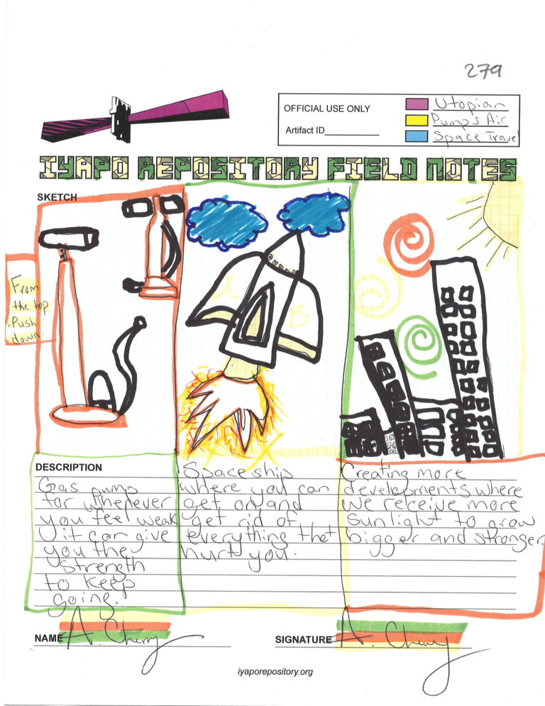 Typed worksheet titled “IYAPO REPOSITORY FIELD NOTES” featuring colorful marker drawings of a pump, a spaceship, and housing developments, along with handwritten explanatory texts