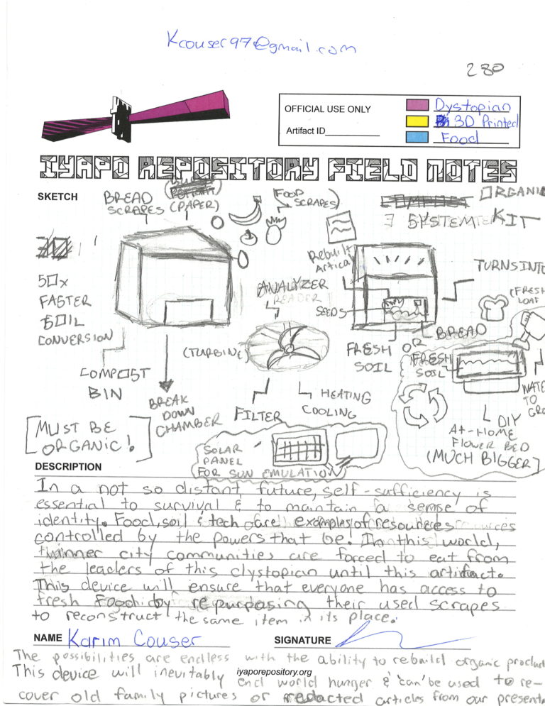 Typed worksheet titled “IYAPO REPOSITORY FIELD NOTES” featuring pencil drawings and accompanying explanatory texts for a device that reconstructs food from food scraps