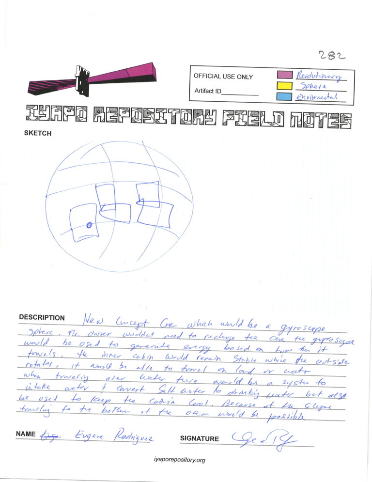 Typed worksheet titled “IYAPO REPOSITORY FIELD NOTES” featuring a blue pen drawing of a segmented sphere, along with handwritten explanatory texts