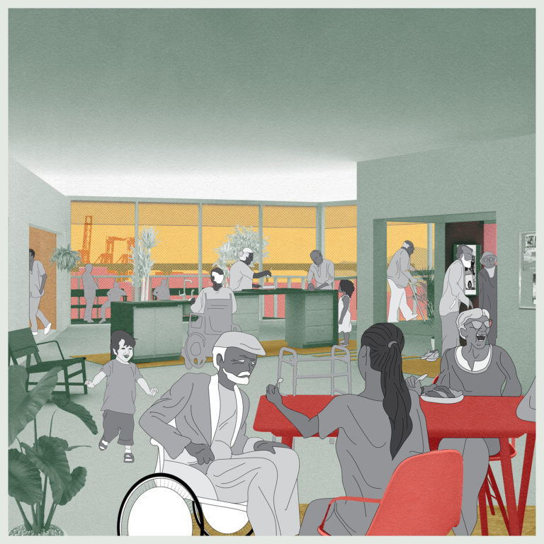 Digital illustration of an interior community space, featuring older people in wheelchairs and with canes, some assisted by caregivers