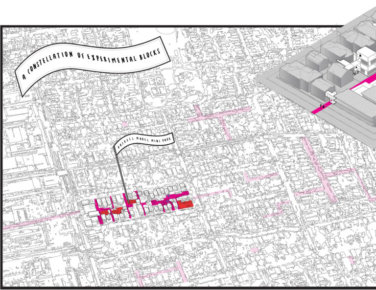 Zoomed in on the left most square portion of the map. The title caption reads “A Constellation of Experimental Blocks.” A flag with the text reading “Haskell Mabel Mini Park” identifies a section of the map highlighted in red and pink.