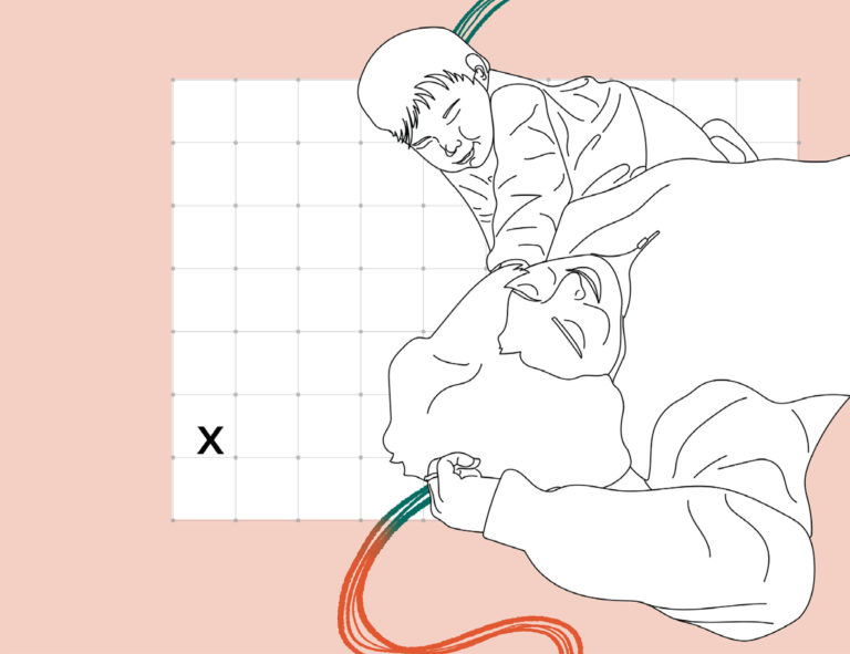 Black and white line drawing of an adult and a toddler smiling and lying next to each other on a white grid that sits atop a light pink background.