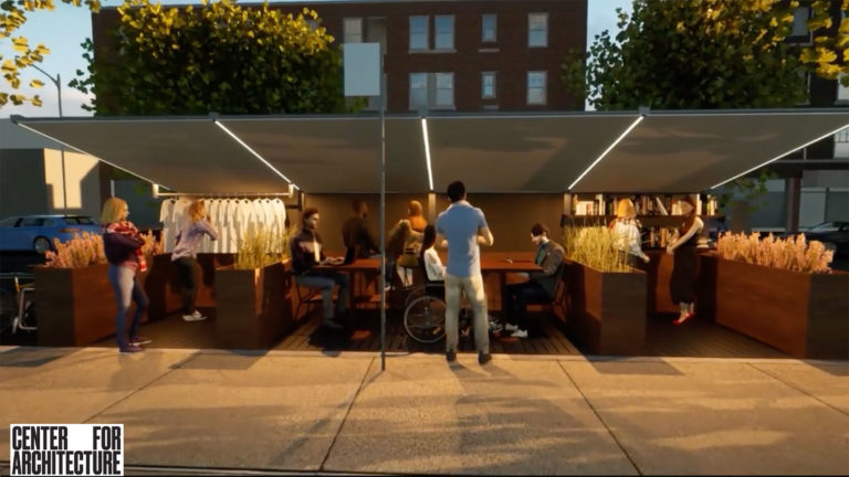Video still from the program Open Restaurants Innovation: 3 Teams Share Findings showing a rendering of an outdoor dining structure