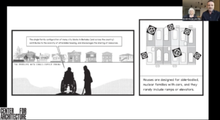 Screenshot from webinar with black and white graphic novel boxes and a tiny box on the upper right hand corner with two speakers